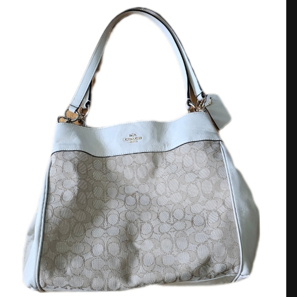 Coach White and Cream Lexy Shoulder Bag with Signature Monogram